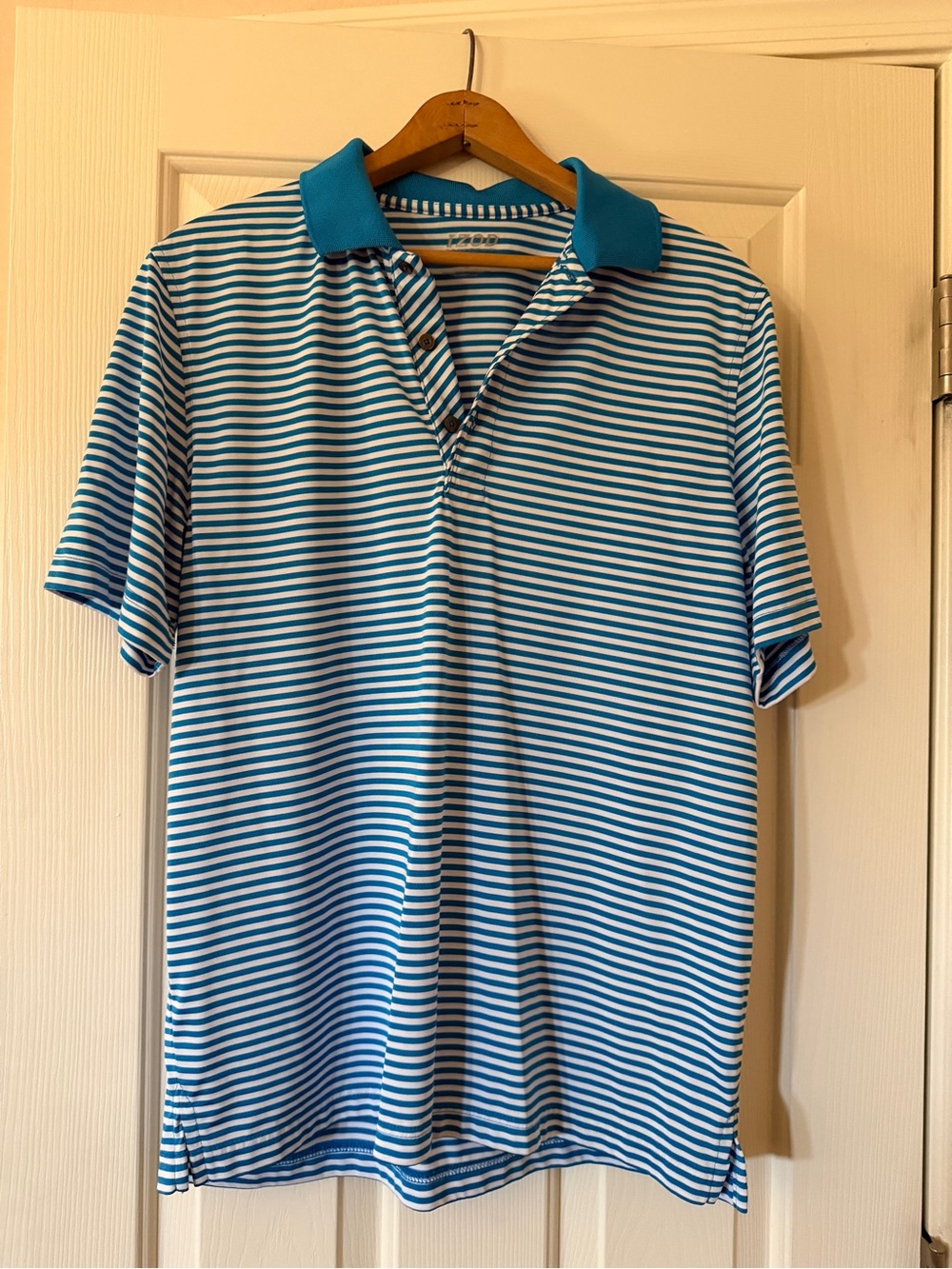 IZOD golf striped Blue & White Polo with Teal Collar- Men’s
